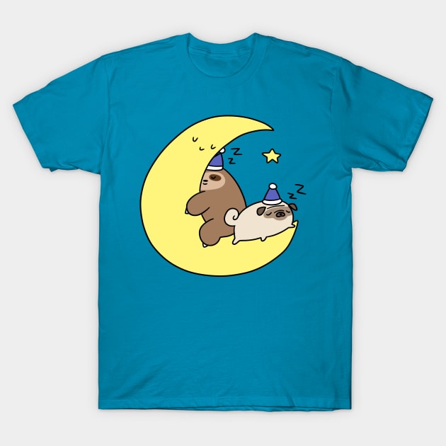 Sleepy Moon Sloth and Pug T-Shirt by saradaboru